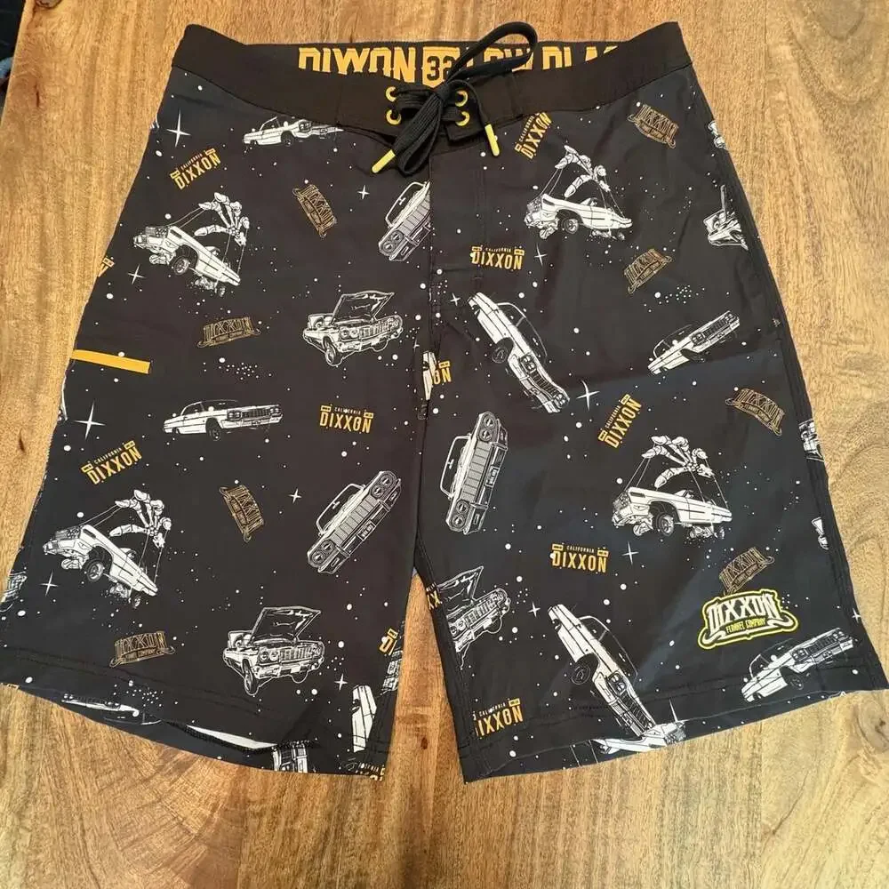 Dixxon Shorts Mens 32 Black Space Car Print Boardshorts Swim Trunks Drawstring